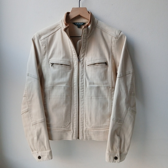 Lauren Ralph Lauren Jackets & Blazers - Lauren Ralph Lauren Canvas Moto Jacket Tan Leather Trim Medium